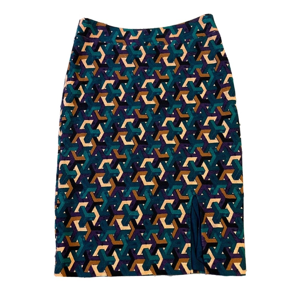 M - MAEVE Anthropologie Pencil Skirt Knee Length Fitted Bodycon Teal Geometric